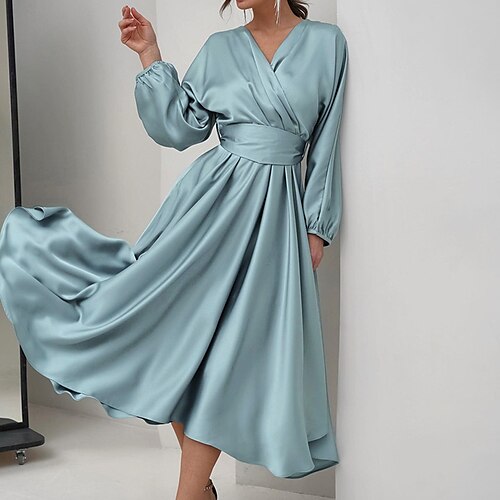 

Women's Party Dress Satin Dress Midi Dress Blue Apricot Long Sleeve Pure Color Patchwork Fall Winter V Neck Stylish Elegant Lantern Sleeve 2022 S M L