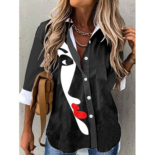 

Mulheres Camisa Social Blusa Preto Cinzento Escuro Letra Retrato Botão Imprimir Manga Longa Diário Final de semana Roupa de rua Casual Colarinho de Camisa Padrão Retrato S