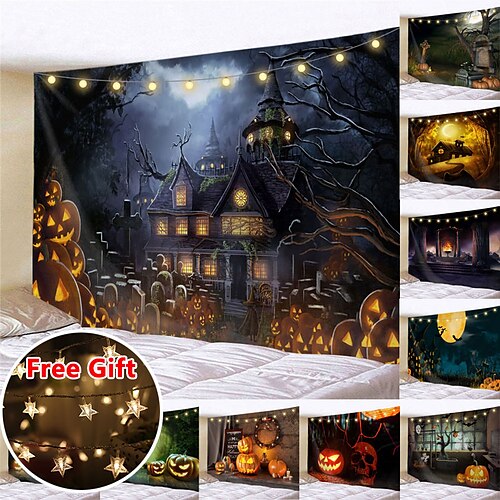 

Halloween Party Wall Tapestry Art Decor Blanket Curtain Hanging Home Bedroom Living Room Decoration Polyester Ghost Pumpkin Graveyard Bat Witch