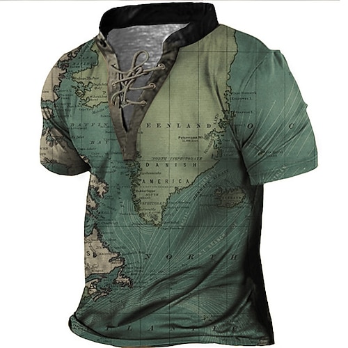 

Men's T shirt Tee Henley Shirt Tee Graphic Map Stand Collar Green 3D Print Plus Size Outdoor Daily Short Sleeve Lace up Print Clothing Apparel Basic Designer Casual Big and Tall / Summer / Summer