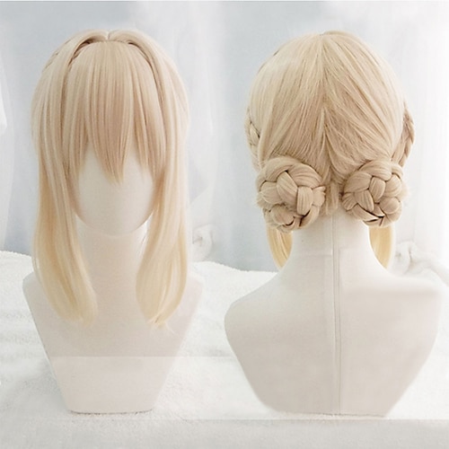 

Violet Evergarden Short Light Blonde Braid Hair With Two Buns Heat Resistant Hair Cosplay Costume Wig