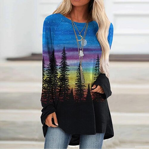 

Women's T shirt Tee Blue Orange Black Scenery Print Long Sleeve Holiday Weekend Basic Round Neck Long Abstract Painting S / 3D Print