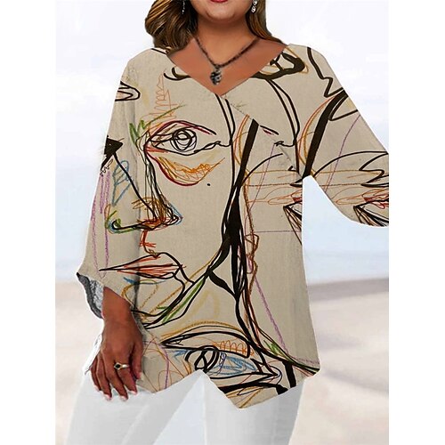 

Women's Shirt Blouse khaki Gray Color Block Abstract Print Long Sleeve Daily Going out Casual V Neck Regular Plus Size L