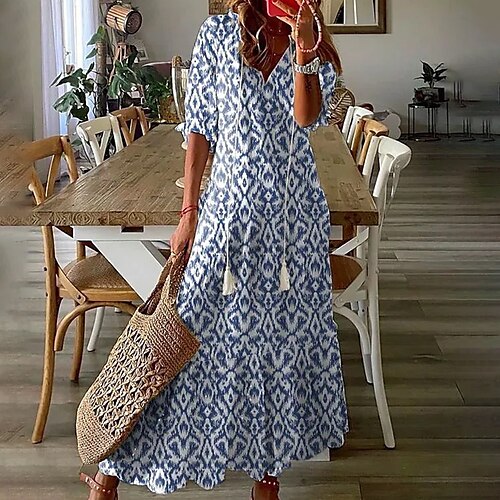 

Women's A Line Dress Swing Dress Maxi long Dress White Blue Gray Half Sleeve Floral Print Fall Winter V Neck Casual Vacation 2022 S M L XL 2XL 3XL / Cotton