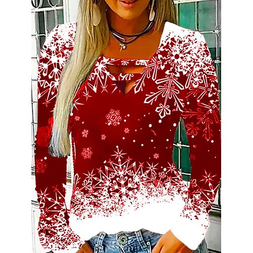 

Women's Blouse Shirt Green Blue Red Snowflake Print Long Sleeve Christmas Weekend Streetwear Casual V Neck Regular S / 3D Print