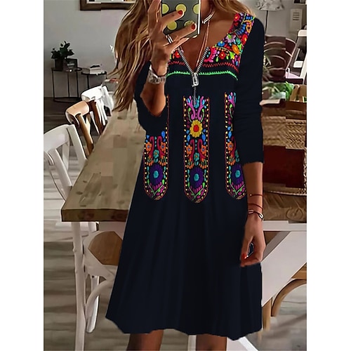 

Women's Casual Dress Black Khaki White Long Sleeve Floral Zipper Winter Fall Autumn V Neck Winter Dress Fall Dress 2022 S M L XL 2XL 3XL 4XL 5XL 6XL