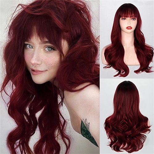 

Wavy Hairstyle Ombre Wine Red Wig with Bangs for Women Cosplay Lolita Synthetic Wig High Temperature Fiber