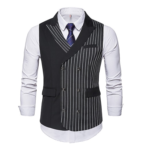 

Men's Casual Vest Stripe Regular Fit Peak Double Breasted Six-buttons Black Grey 2022