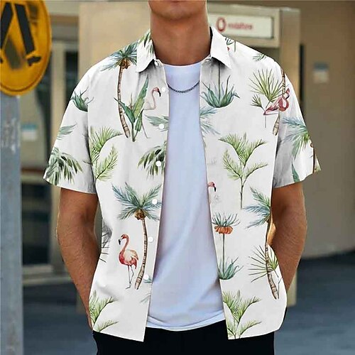

Men's Shirt Graphic Shirt Flamingo Coconut Tree Turndown White 3D Print Outdoor Street Short Sleeves Button-Down Print Clothing Apparel Designer Casual Breathable / Summer / Spring / Summer