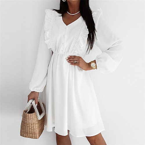 

Women's A Line Dress White Dress Short Mini Dress White Long Sleeve Pure Color Lace Ruched Patchwork Fall Winter V Neck Fashion Modern 2022 S M L XL