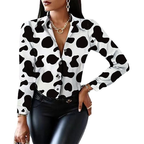 

Women's Blouse Button Dot Modern V Neck Standard Spring Black