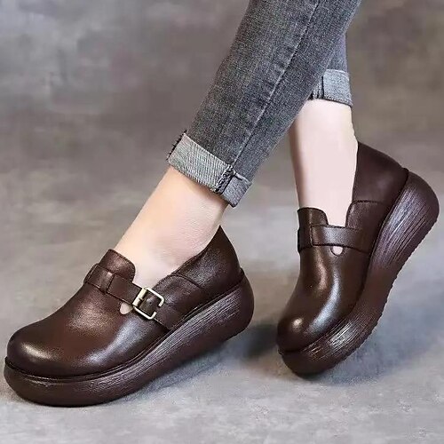 

Women's Slip-Ons Daily Comfort Shoes Buckle Flat Heel Round Toe Casual PU Leather Loafer Solid Colored Black Brown