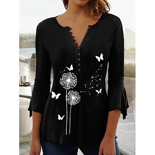 

Women's Blouse Shirt Blue Black Graphic Butterfly Button Print 3/4 Length Sleeve Daily Weekend Streetwear Casual Round Neck Regular Floral Butterfly S / 3D Print