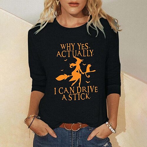 

Women's T shirt Tee Blue Red Black Graphic Text Print Long Sleeve Halloween Weekend Basic Round Neck Regular Painting S