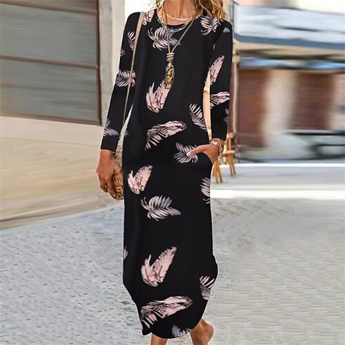

Women's Sheath Dress Maxi long Dress White Black Long Sleeve Geometric Print Fall Winter Round Neck Casual 2022 S M L XL XXL