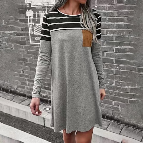 

Women's Casual Dress T Shirt Dress Tee Dress Short Mini Dress Black Gray Long Sleeve Striped Pocket Print Fall Winter Crew Neck Stylish Casual Modern 2022 S M L XL