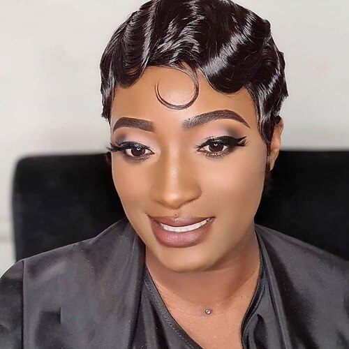 

Brazilian Short Pixie Cut Human Hair Wigs Finger Waves Hairstyles For Black Women Cute Cheap Wig Remy Full Machine Made Wigs