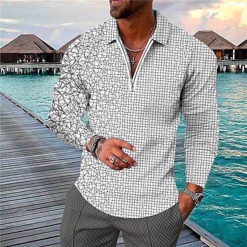 

Men's Golf Shirt Geometry Turndown White Blue Purple Yellow Long Sleeve 3D Print Casual Daily Button-Down Print Tops Fashion Designer Casual Breathable / Sports