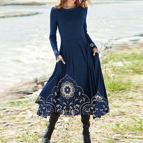 

Women's Casual Dress Swing Dress Midi Dress Navy Blue Long Sleeve Floral Pocket Print Fall Winter Round Neck Vacation Casual 2022 S M L XL XXL 3XL