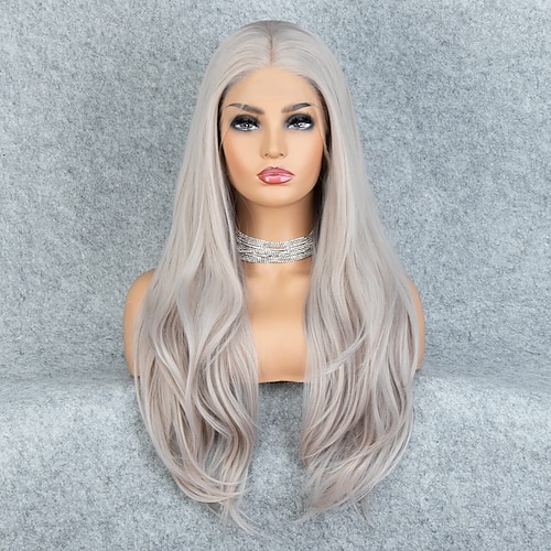 

Realistic Wigs for Women Light Grey Natural Straight Long Synthetic Hair Heat Safe Glueless Lace Front Wig