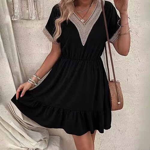 

Women's Casual Dress A Line Dress Short Mini Dress Black Short Sleeve Color Block Lace Patchwork Fall Winter V Neck Stylish Casual Modern 2022 S M L XL
