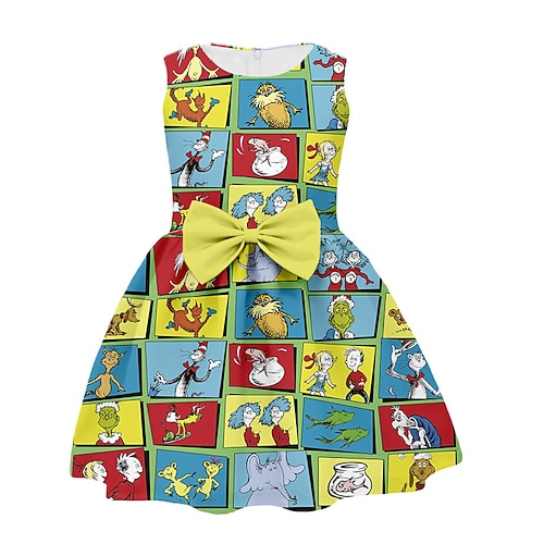 

Kids Girls' The Cat In The Hat Dress Cat Letter A Line Dress Daily Holiday Vacation Bow Print Blue Yellow Royal Blue Above Knee Sleeveless Cute Casual Sweet Dresses Regular Fit 3-12 Years