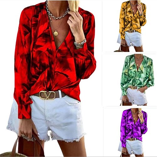 

Women's Blouse Print Modern V Neck Standard Spring Green Yellow Red