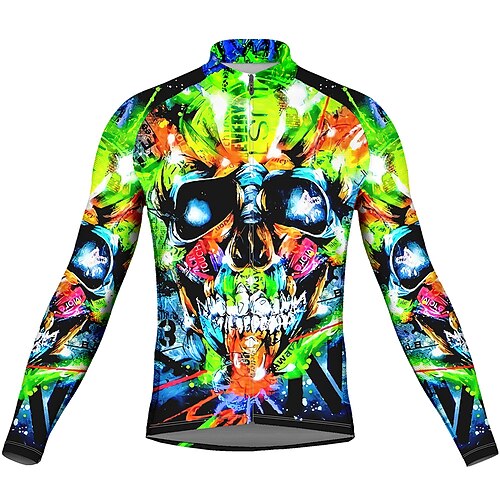 

21Grams Men's Cycling Jersey Long Sleeve Bike Top with 3 Rear Pockets Mountain Bike MTB Road Bike Cycling Breathable Quick Dry Moisture Wicking Reflective Strips Green Skull Polyester Spandex Sports