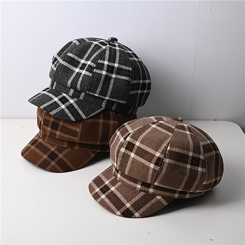 

Women Winter Plaid Newsboy Cap Ladies British Retro Flat Cap Black Female Beret Octagonal Hat