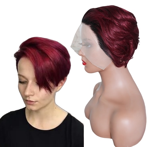 

Human Hair Wigs Short Straight Bob Wig side T Part Transparent 13x4x1 Lace Wig For Women Preplucked Hairline Pixie Cut 1b Burgundy Wig