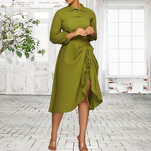 

Women's Casual Dress Shift Dress Midi Dress Black Pink Emerald Long Sleeve Pure Color Ruffle Fall Winter Shirt Collar Fashion Casual Modern 2022 S M L XL 2XL 3XL