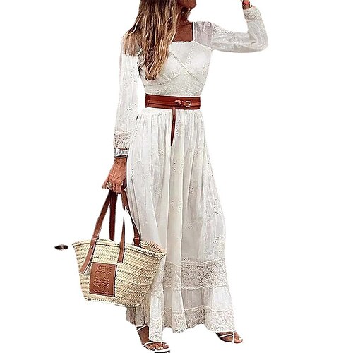 

Women's White Dress Long Dress Maxi Dress White Long Sleeve Pure Color Lace Winter Fall Autumn Square Neck Modern Winter Dress Fall Dress 2023 S M L XL 2XL 3XL