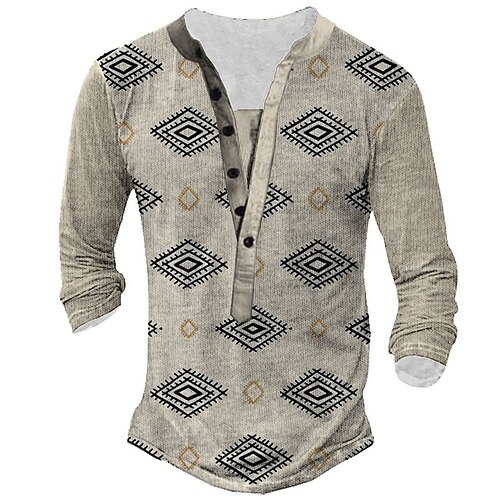 

Men's T shirt Tee Henley Shirt Tee Graphic Argyle Henley Khaki Long Sleeve 3D Print Plus Size Outdoor Daily Button-Down Print Tops Basic Designer Classic Comfortable / Sports
