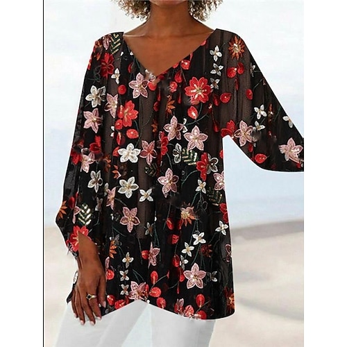 

Women's Shirt White Black Floral Print Long Sleeve Holiday Weekend Streetwear Casual V Neck Long Floral S / 3D Print
