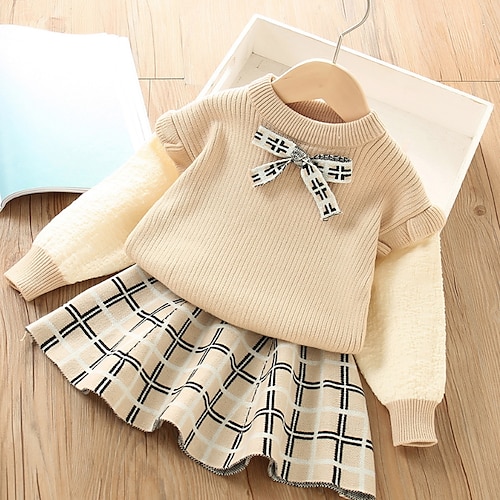 

2 Pieces Kids Girls' SkirtSet Clothing Set Outfit Plaid Long Sleeve Cotton Set Vacation Cute Sweet Winter Fall 2-6 Years Red Beige