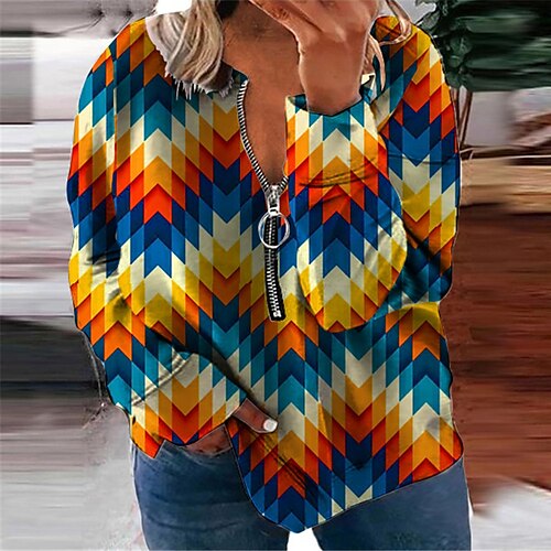 

Women's Plus Size Tops Pullover Sweatshirt Hoodie Sweatshirt Geometry Zipper Print Long Sleeve Round Neck Casual Daily Vacation Polyester Fall Winter Rainbow