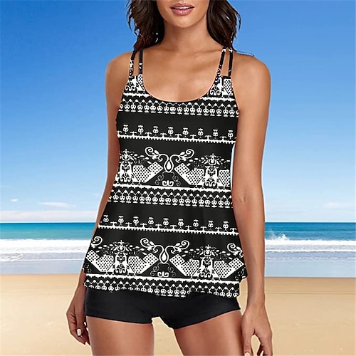 

Women's Swimwear Tankini 2 Piece Normal Swimsuit Printing Floral Geometric Black Wine Camisole Strap Bathing Suits Sports Vacation Fashion / Spandex / Sexy / Modern / New