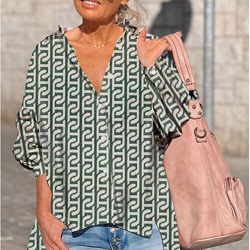 

Women's Blouse Shirt Green Graphic Button Asymmetric Long Sleeve Daily Weekend Streetwear Casual Shirt Collar Regular S / 3D Print / Print