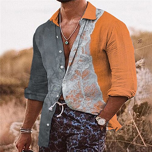 

Men's Shirt Beach Spray Turndown Orange 3D Print Outdoor Street Long Sleeve Button-Down Print Clothing Apparel Fashion Designer Casual Breathable
