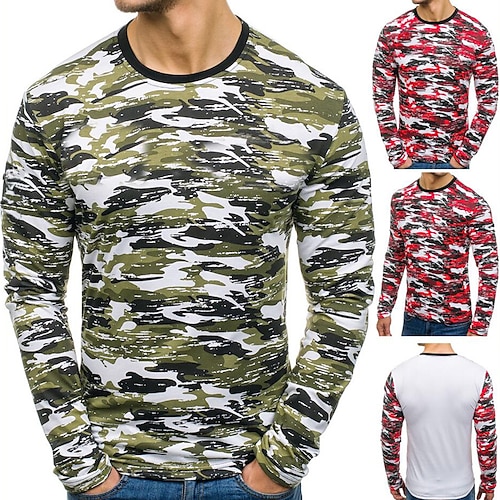 

Men's Camouflage Hunting T-shirt Camo / Camouflage Long Sleeve Outdoor Spring Autumn Breathable Soft Sweat wicking Top Polyester Camping / Hiking Military Training Combat Army Green Red