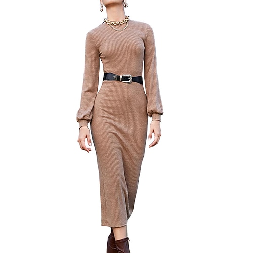 

Women's Sweater Dress Winter Dress Sheath Dress Long Dress Maxi Dress Khaki Long Sleeve With Belt Knit Winter Fall Crew Neck Turtleneck Fashion Casual Modern S M L Winter Dress