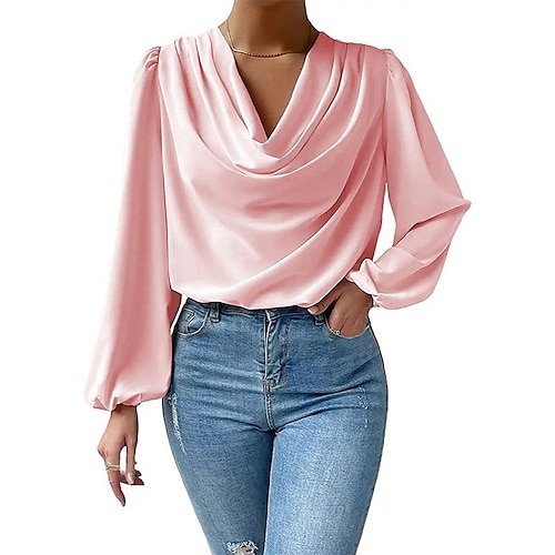 

Women's Blouse Solid Colored Basic V Neck Puff Balloon Standard Spring, Fall, Winter, Summer Black Blue Purple Pink Apricot