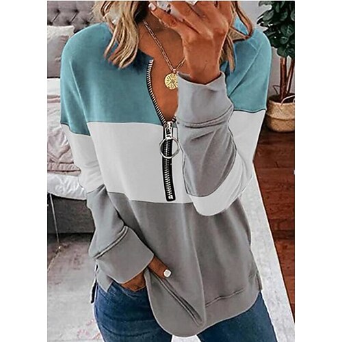 

Women's Zip Hoodie Sweatshirt Pullover Casual Zip Up Blue Pink Wine Color Block Stripes Dailywear V Neck Long Sleeve S M L XL XXL