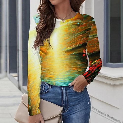 

Women's T shirt Tee Yellow Graphic Graffiti Print Long Sleeve Casual Daily Vintage Round Neck Regular Painting S / 3D Print