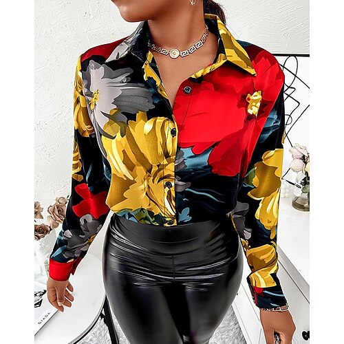 

Women's Blouse Shirt Green Red White Leopard Letter Button Print Long Sleeve Daily Weekend Streetwear Casual Shirt Collar Regular S / 3D Print