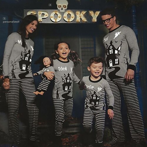 

Family Look Halloween Pajamas Ghost Striped Home Gray Long Sleeve Daily Matching Outfits