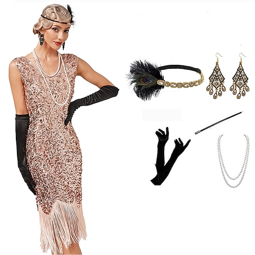 

Den store Gatsby Brølende 20'ere Vintage Inspireret Den store Gatsby Flapper Kjole Festkostume Dame Pailletter Kostume Årgang Cosplay Halloween Fest Formelt Uden ærmer Kjole Halloween