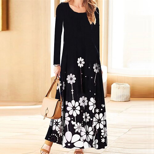 

Women's Casual Dress A Line Dress Maxi long Dress Black Long Sleeve Floral Pocket Print Fall Winter V Neck Vacation Casual 2022 S M L XL XXL 3XL