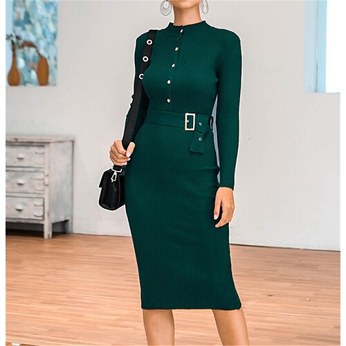 

Women's Sweater Jumper Dress Sheath Dress Knee Length Dress Green Black Blue Gray Wine Navy Blue Beige Long Sleeve Pure Color Patchwork Fall Winter Turtleneck Stylish Casual Modern Slim 2022 One-Size
