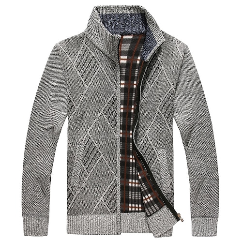 

Men's Sweater Cardigan Sweater Zip Sweater Sweater Jacket Fleece Sweater Ribbed Knit Tunic Knitted Grid / Plaid Patterns Standing Collar Warm Ups Modern Contemporary Daily Wear Going out Clothing